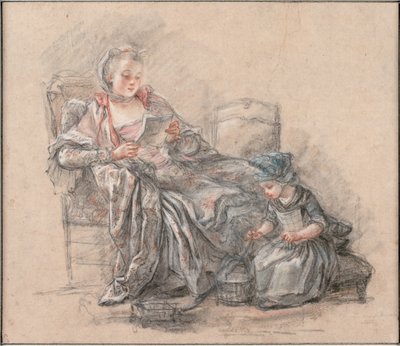 Woman Reading and a Girl Playing Marquise de Pompadour with Her Daughter Alexandrine, c. 1748 by Francois Guérin