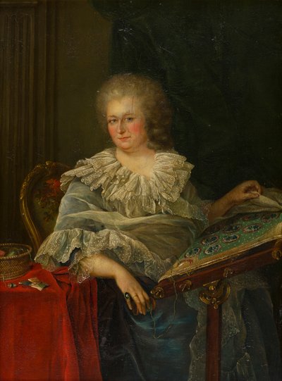 Portrait of Viscountess Torrington Seated at Her Embroidery by Francois Hubert (follower of) Drouais