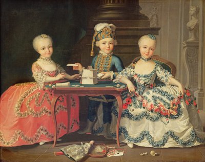 Group Portrait of a Boy and Two Girls Building a House of Cards with Other Games by the Table by Francois Hubert Drouais