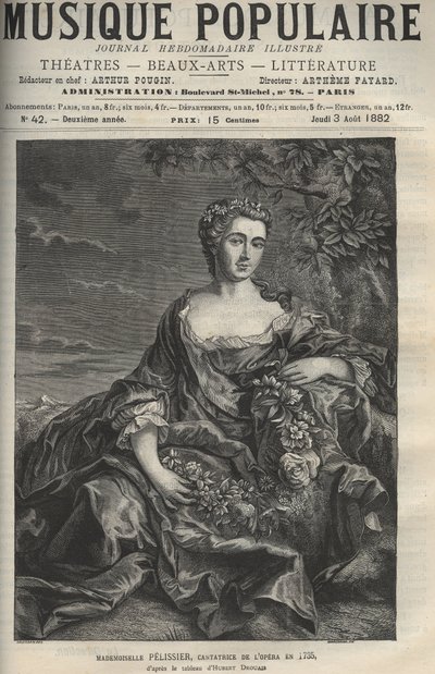 Portrait of Marie Pelissier (or Pellissier) (1707-1749), French opera singer - engraving after the painting Hubert Drouais - engraving in La musique populaire illustrated weekly newspaper - 1882 by Francois Hubert Drouais