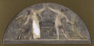 Sketch for the dining room of the Hôtel de Ville de Paris, one child holding a trumpet and the other a sheaf lifting a large box by Francois Lafon