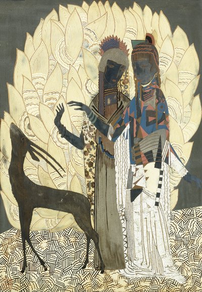 Two Stylised Women with an Antelope Amongst Foliages by Francois Louis (after) Schmied
