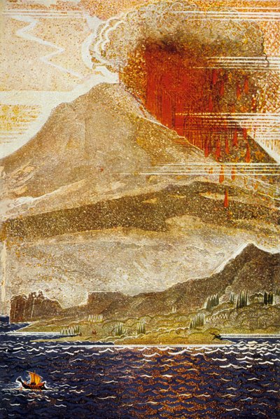 The Odyssey by Homer: Ulysses Approaching the Island of the Cyclops Volcano, engraved by Theo Schmied, 1930-33 by Francois Louis Schmied