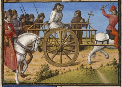 Two prisoners in a cart being taken to execution, accompanied by a priest by Francois Maitre