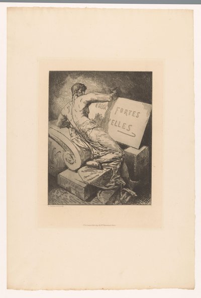 Title Print with Man on Stone Monument (series: Etchings by Various Printmakers from 1877) by Francois Nicolas Chifflart