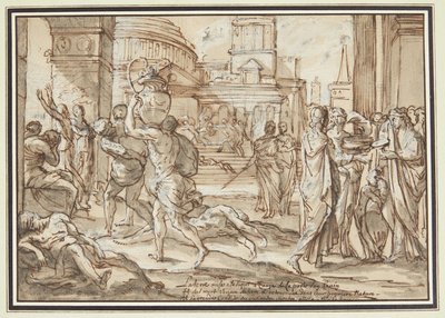 Plundering of a City. A Square Between Large Buildings. In the Foreground on the Left Lie the Dead, Among Them People Carrying Away Treasures. On the Right, a Group of Women with Valuables in Their Hands. Below, an Explanatory Inscription by Francois Perrier