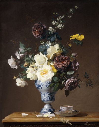 Roses and Other Flowers in a Blue and White Vase and a Teacup on a Ledge by Francois Rivoire