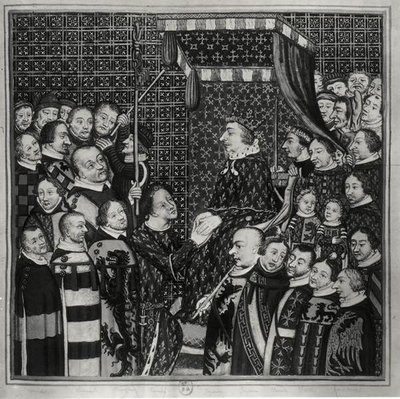 Louis II (1337-1410) Count of Clement, paying homage to Charles V (1338-80) copy of a 14th century miniature by Francois Roger de Gaignieres