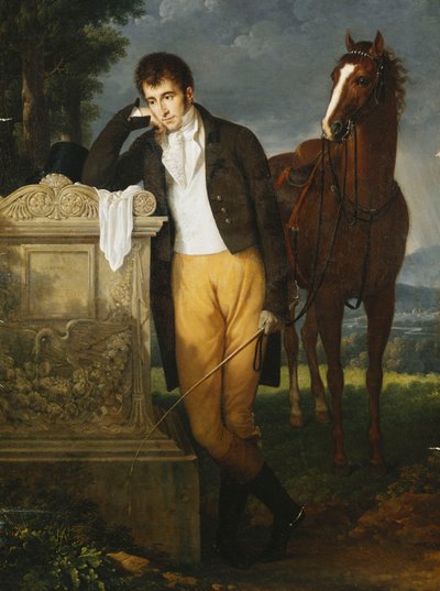Portrait of Don Luigi Grimaldi, Prince of Santa Cruce, Marquis de Pietro Vajrana de Monaco et Genes, Leaning on the Tomb of His Fiancee Fanny, Marquise de Grimaldi by Francois Xavier Fabre