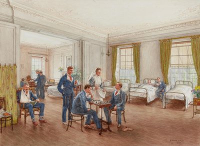 Convalescing soldiers playing chess in a ward at Sulhampstead House Hospital, Berkshire, c.1918 by Frank Dadd