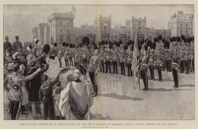 Her Majesty presenting a State Colour to the Scots Guards at Windsor Castle, Three Cheers for the Queen by Frank Dadd