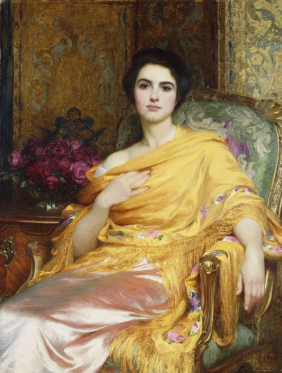 Portrait of Elsa, Daughter of William Hall, Three-Quarter Length, Seated Wearing a Pink Dress and Yellow Wrap by Frank Dicksee