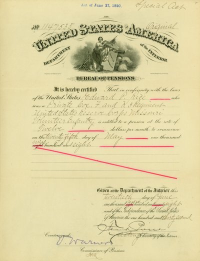 Notice of right of pension to Edward Parker Rice, June 20, 1908 by Frank Pierce