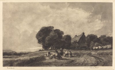 Cottage and Harvesters by Frank Short