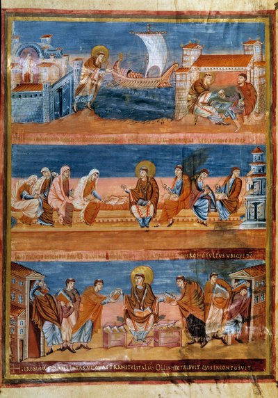 Saint Jerome Leaving Rome and Paying His Teacher in Jerusalem, Working with His Scribes, and Distributing the Vulgate by Frankish School
