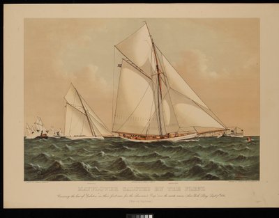 Mayflower saluted By The Fleet. Crossing the bow of Galatea in her first race for the America