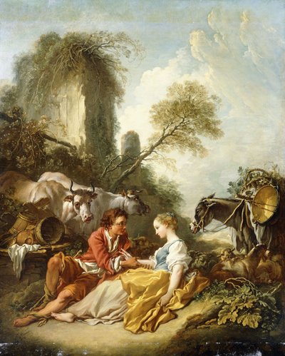 A Pastoral Landscape with a Shepherd and Shepherdess seated by Ruins by François Boucher