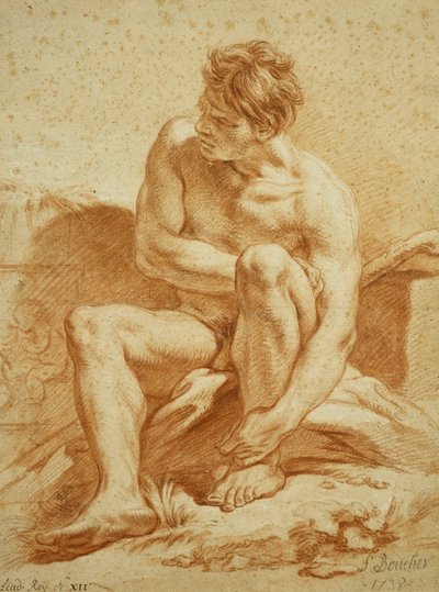 A Seated Nude with a Staff, a Relief with Putti to the Left by François Boucher