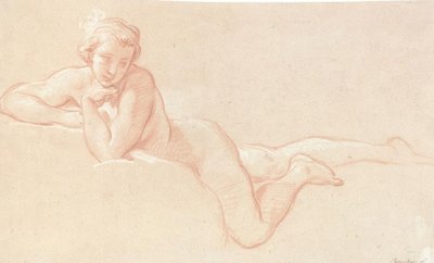 Study of a Nude Woman Lying on Clouds, Chin Resting on Left Hand by François Boucher