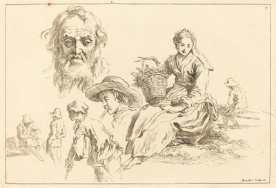 Figure Studies including Bearded Face of an Old Man by François Boucher after Abraham Bloemaert