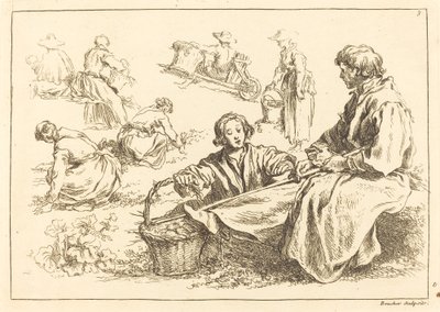 Figure Studies including Two Seated Peasants by François Boucher after Abraham Bloemaert
