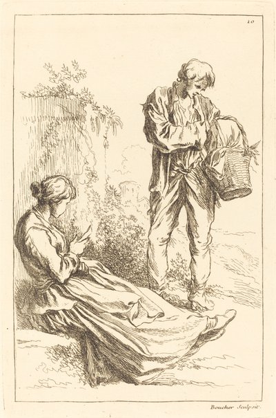 Seated Woman with Peasant Boy Holding a Basket by François Boucher after Abraham Bloemaert