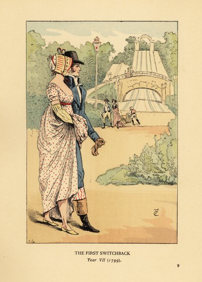 Fashionable couple at the Russian Mountains rollercoaster, Les Montagnes Russes a Belleville, built in 1812 by François Courboin