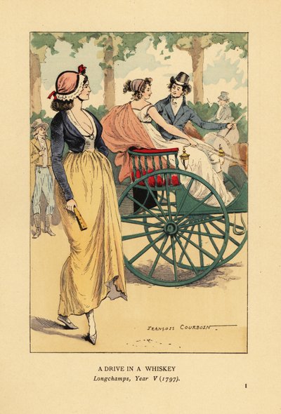 Fashionable Couple Driving in a One-Horse Whiskey Carriage or Gig in Longchamps, Paris, Year V by François Courboin