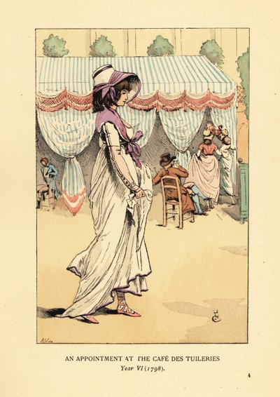Fashionable woman arriving for an appointment at the Cafe des Tuileries, Paris, Year VI by François Courboin