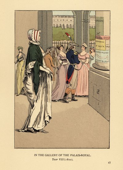 Fashionable Woman Strolling Through the Gallery of the Palais Royal, Paris, Year VIII by François Courboin