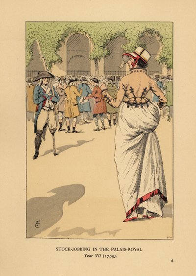 Fashionable Woman with a Group of Speculators or Agioteurs, Paris. A One-Legged Revolutionary Soldier Stands Guard. Stock Jobbing at the Palais Royal, Year VII by François Courboin