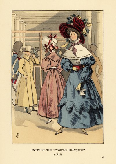 Fashionable women at a play, Paris. Woman in large bonnet with ribbons, dress with high collar, lace cape or pelerine and full sleeves en beret. Entering the Comedie Francaise by François Courboin