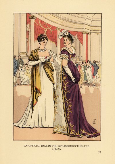 Fashionable Women in Ball Gowns and Turbans at a Theater. An Official Ball in the Strasbourg Theatre by François Courboin