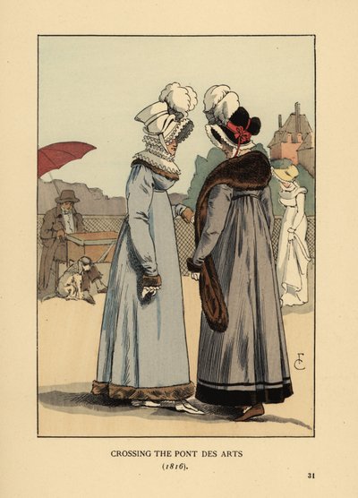 Fashionable women in feather hats, lace ruff collars and fur-trimmed dresses. Crossing the Pont des Arts, Paris by François Courboin