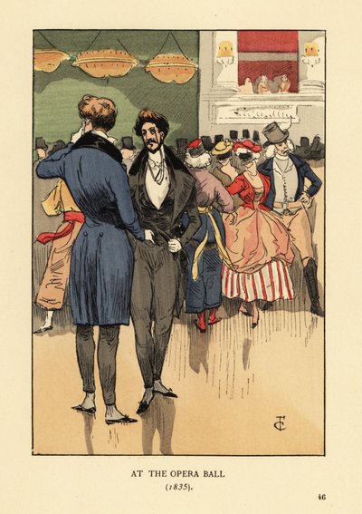 Fops in Coat with Tails, Waistcoat, Tight Pants and White Stockings at the Opera Ball 1835 by François Courboin