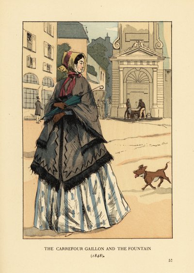 Woman in front of the fountain at Place Gaillon, Paris. She wears a cashmere shawl with arm holes called la visite over her crinoline. The carrefour Gaillon and the fountain by François Courboin