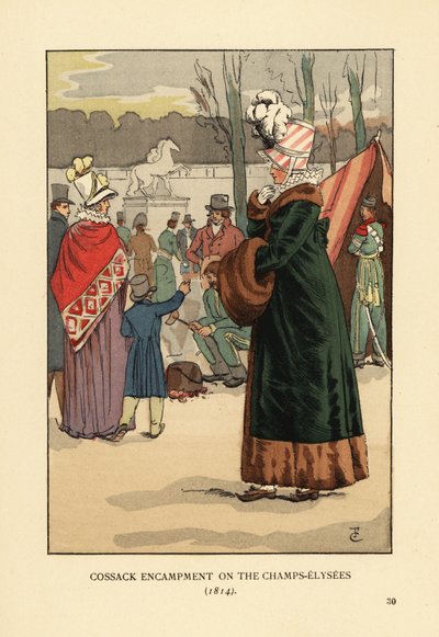 Woman in Fur-Lined Coat with Fur Muff Visiting the Tatar and Kalmyk Cossack Bivouac in Paris After the Fall of Napoleon. Cossack Encampment on the Champs Elysees by François Courboin