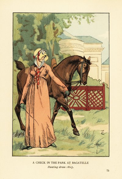 Woman in Hunting Dress, Bonnet and Kerchief Leading a Horse in the Parc de Bagatelle, Bois de Boulogne, Paris by François Courboin