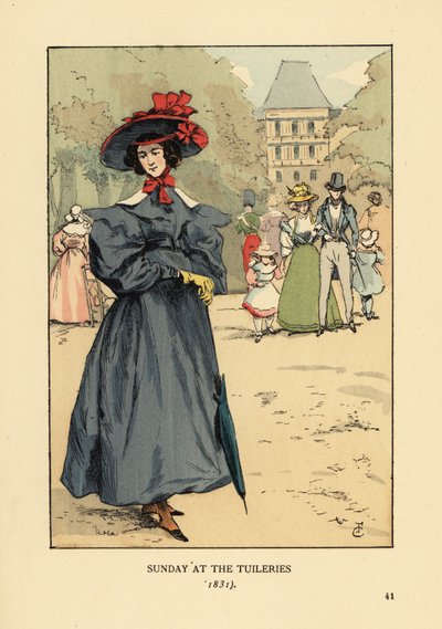 Woman promenading in Sunday Best in the park. She wears a wide-brim hat, dress with full sleeves, ankle boots and carries a parasol. Sunday at the Tuileries Garden by François Courboin
