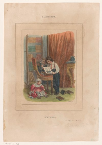 Three Children Looking at Books (title on object: L