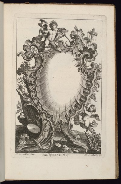 Cartouche with Putto Holding Trumpets, Book of Irregular Cartouches by François de Cuvilliés the Elder
