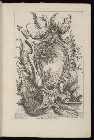 Cartouche with a Dragon and Armorial Trophy, Book of Cartouches for Different Uses by François de Cuvilliés the Elder