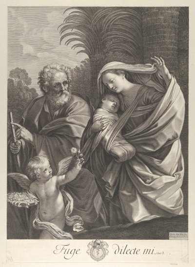 The Flight into Egypt, the Holy Family walking together, Saint Joseph pointing to t... by François de Poilly
