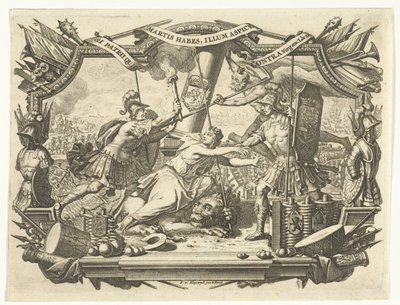 Dutch Maiden Attacked by Soldier and Protected by Father Time in a Frame with Trophies of Arms by François van Bleyswijck
