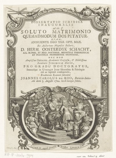Minerva Crowns Writer (Title Page for: Johannes Carolus de Roo, Dissertatio Juridica Inauguralis, ad tit. ff. soluto matrimonio quemadmodum dos petatur, 1722) by François van Bleyswijck
