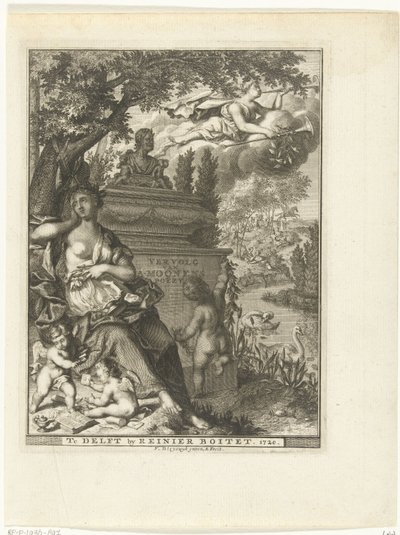 Muse and Putti Sitting by the Monument of Poet Arnold Moonen (title page for: Arnold Moonen, Continuation of Poetry, Delft 1720) by François van Bleyswijck