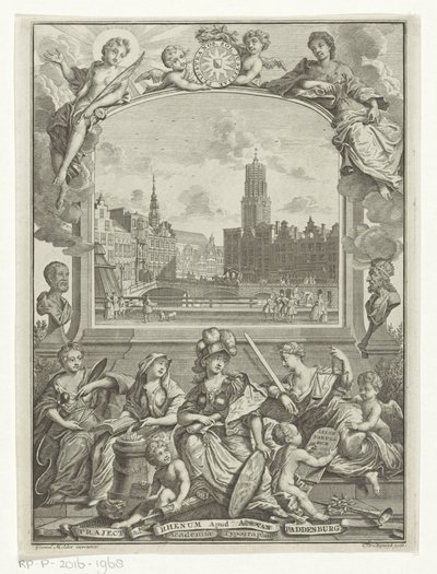 Cityscape with Dom Church in Utrecht and Allegory with Minerva and Virtues by François van Bleyswijck