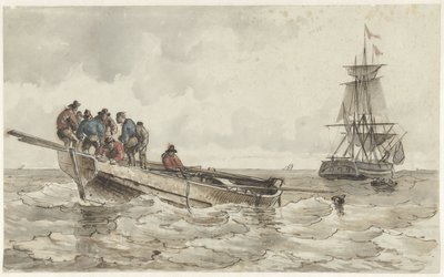 Eight Men in a Rowboat by a Sailing Ship by Frans Arnold Breuhaus de Groot