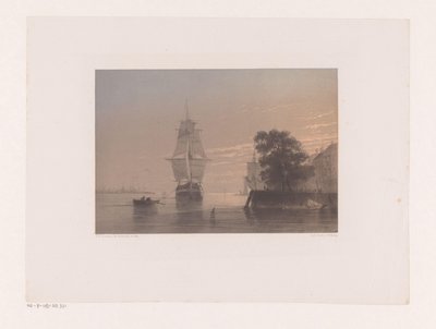 Sailing Ships at a Quay at Sunset by Frans Arnold Breuhaus de Groot
