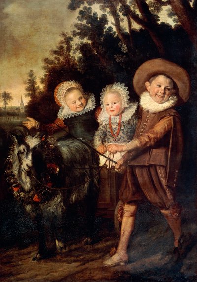 Three children with goat cart by Frans Hals